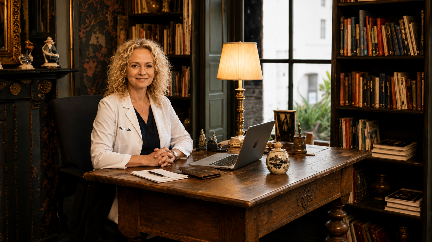 Arts achter bureau