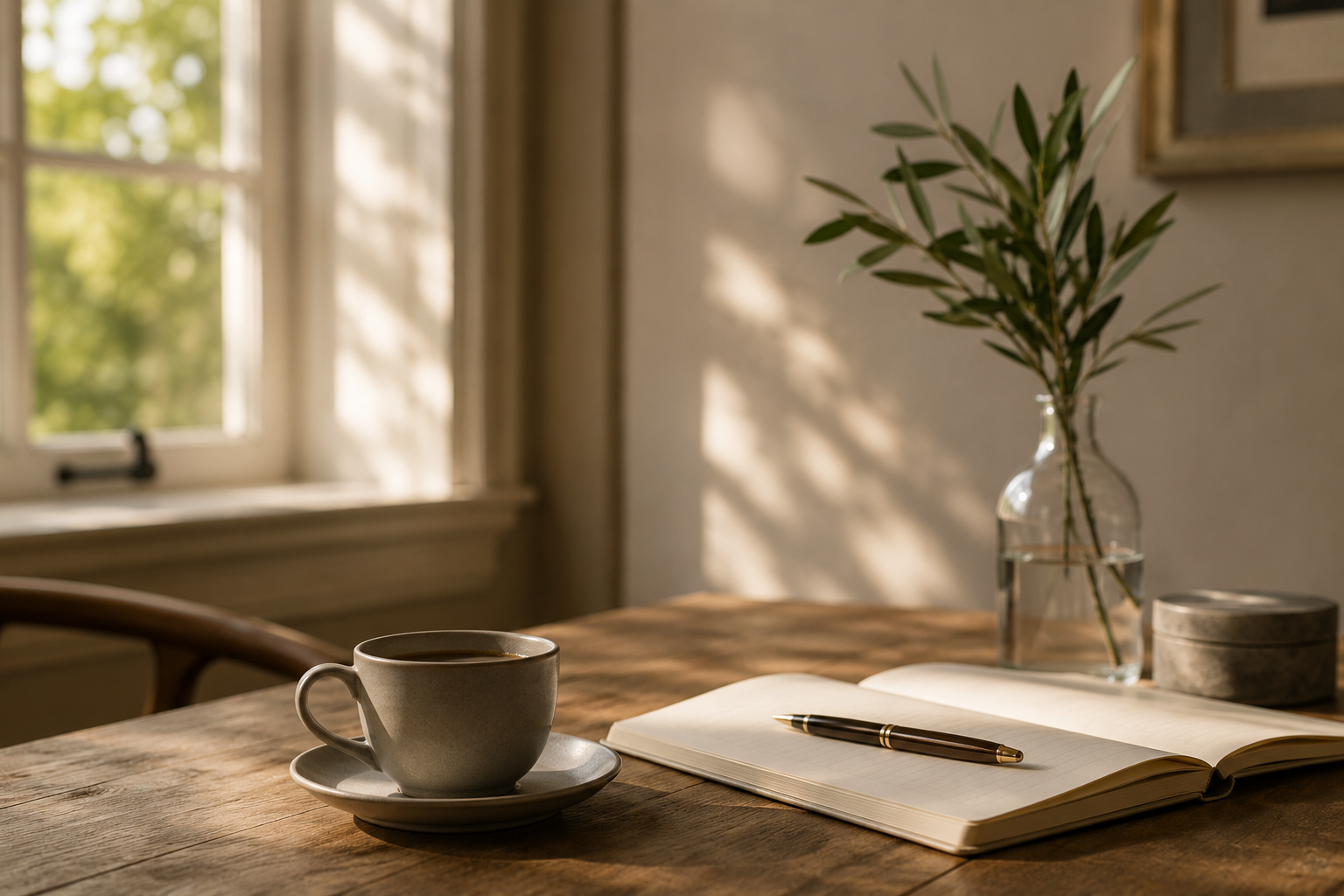 Rustige spreekkamer met bloemen, koffie en ruimte voor persoonlijke aandacht